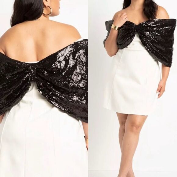 NWT ELOQUIIBow Detail Blocked Mini Dress black sequin bow cocktail dress Sz 22